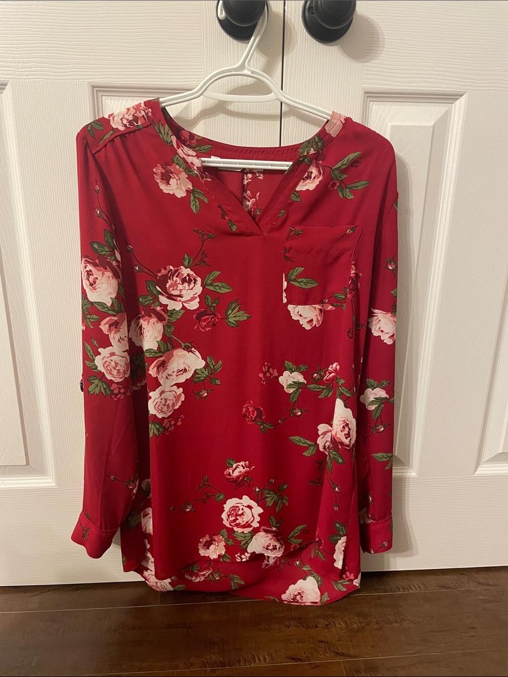 Floral V-Neck Long Sleeve Tunic Top - Red